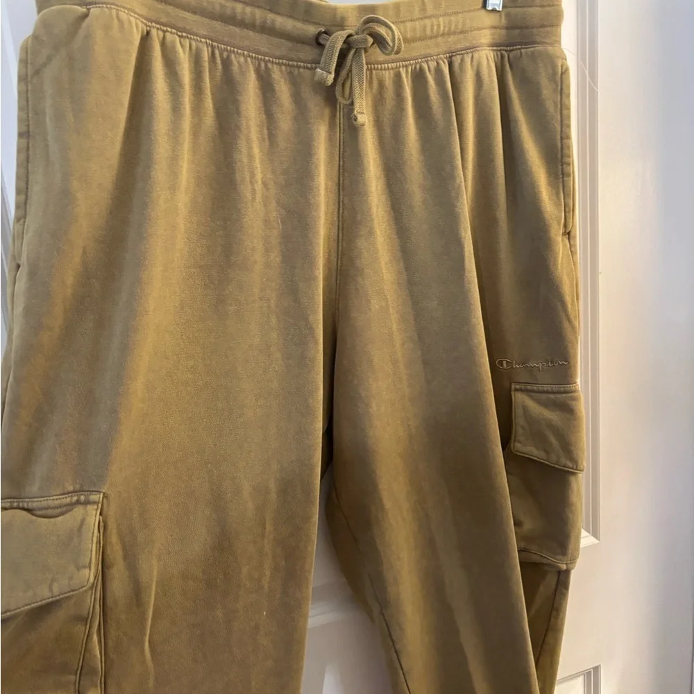 Mens Champion washed Tan Cargo Sweatpants - Casual Drawstring Joggers Sz XL